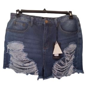 Pretty Little Thing Distressed Jean Shorts Denim Boho Womens S12